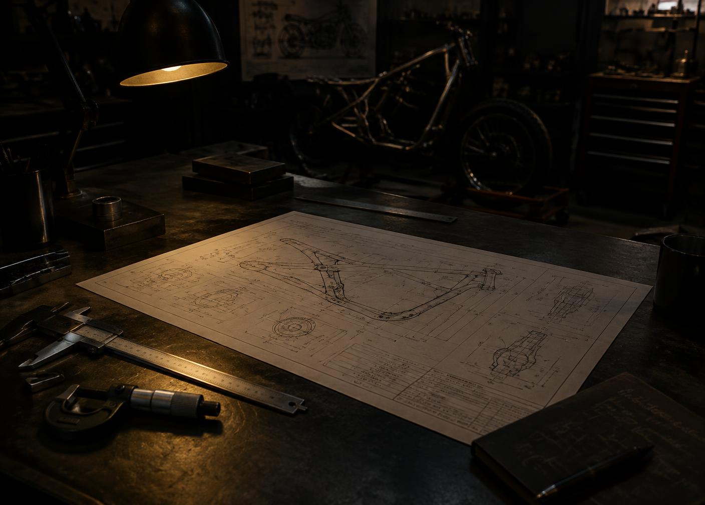 Frame drawings, calipers and micrometer on the engineering bench