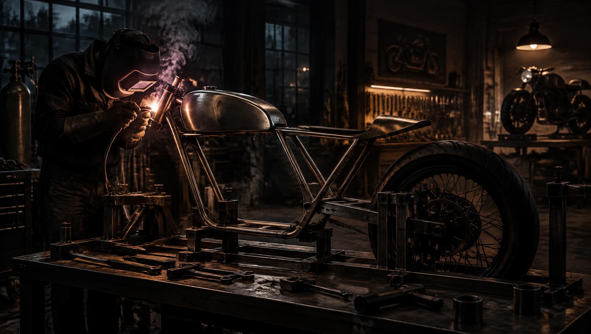 Fabricator TIG welding a custom motorcycle frame in the Motobrix workshop